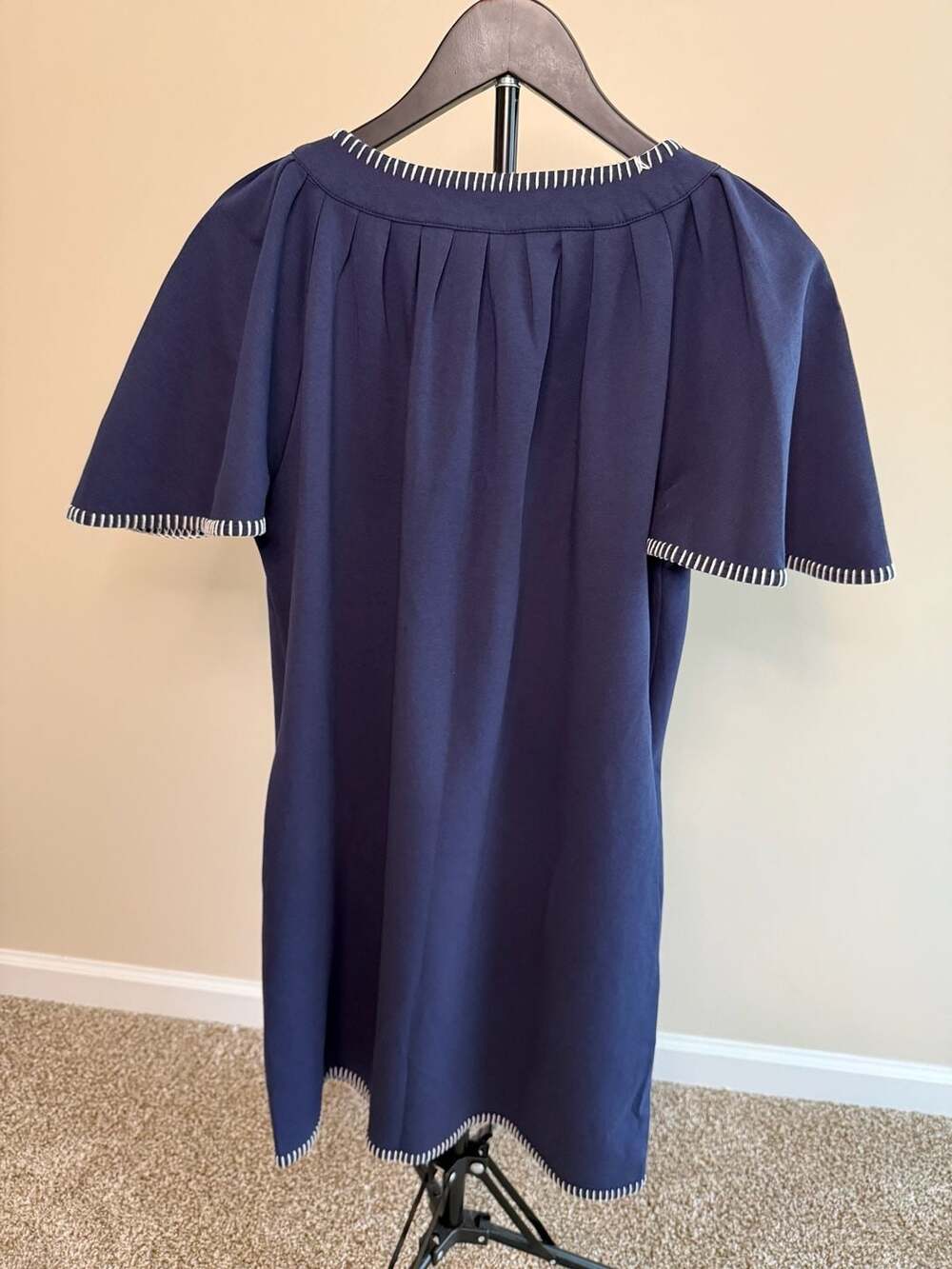 Beaulane Navy Blue Split Neck Contrast Whipstitch Trim Mini Dress with Pockets-S - Picture 2 of 7